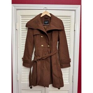 GUESS NWT Sz S Brown Double Breasted Button Front Fit & Flare Wool Blend Coat